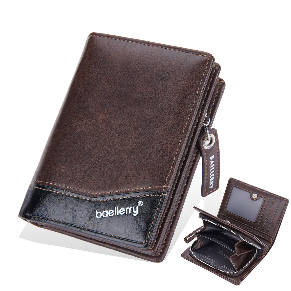 BAELLERRY D3246 Men Zipper Short Wallet PU Leather Bifold Purse Multi Card Slots Color Splicing Business Coin Purse Case