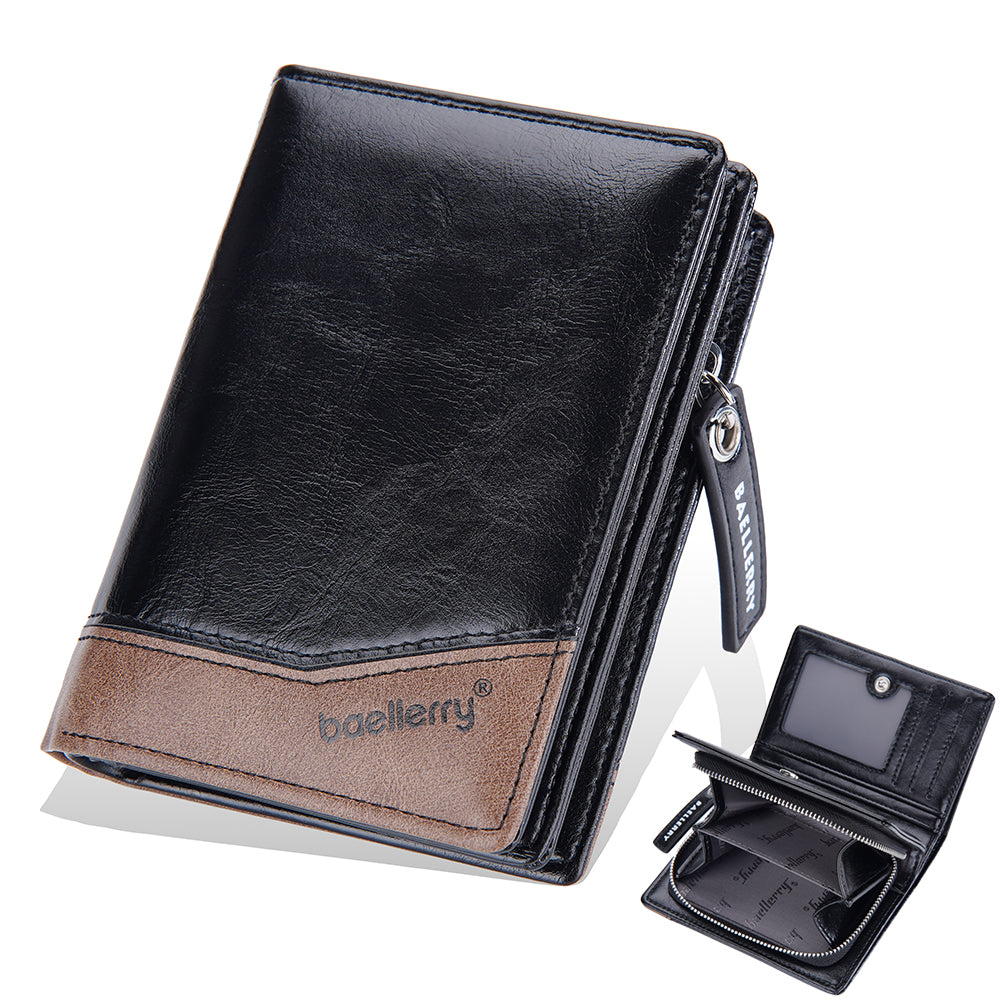 BAELLERRY D3246 Men Zipper Short Wallet PU Leather Bifold Purse Multi Card Slots Color Splicing Business Coin Purse Case