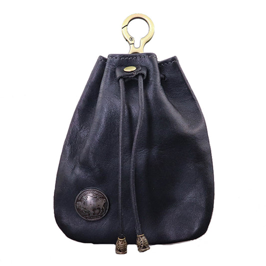 SG632 Cowhide Leather Vintage Style Key Chain Wallet Drawstring Coin Pocket Coin Purse for Women