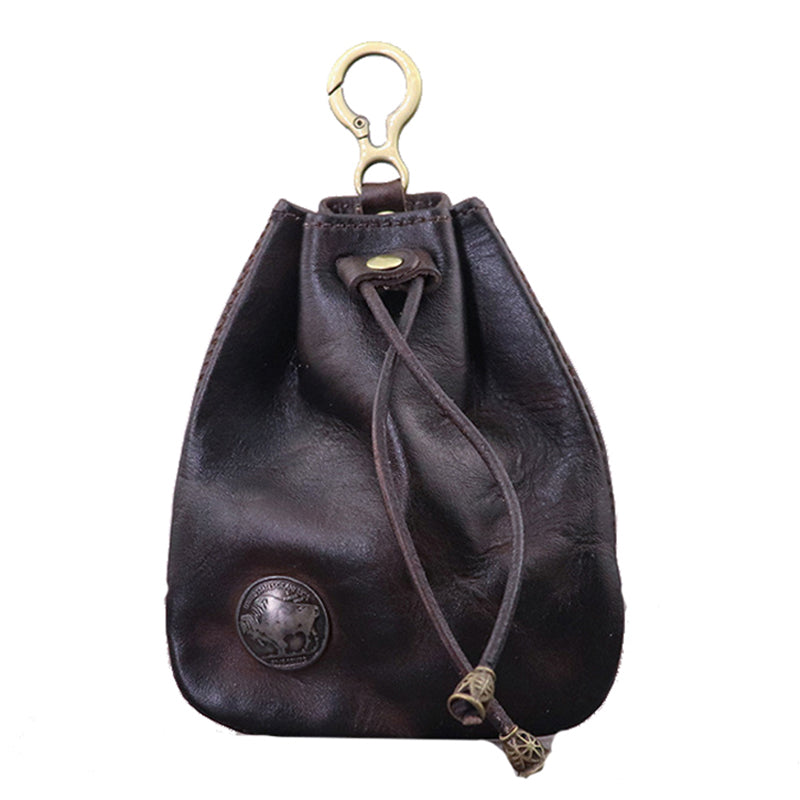 SG632 Cowhide Leather Vintage Style Key Chain Wallet Drawstring Coin Pocket Coin Purse for Women