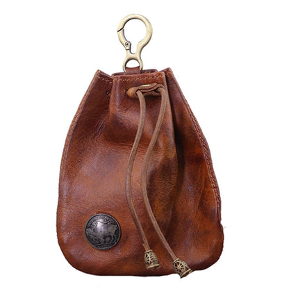 SG632 Cowhide Leather Vintage Style Key Chain Wallet Drawstring Coin Pocket Coin Purse for Women