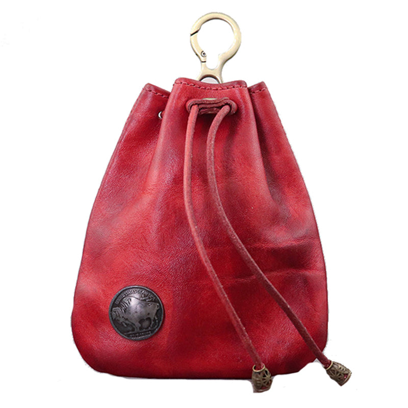 SG632 Cowhide Leather Vintage Style Key Chain Wallet Drawstring Coin Pocket Coin Purse for Women