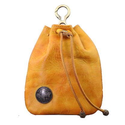 SG632 Cowhide Leather Vintage Style Key Chain Wallet Drawstring Coin Pocket Coin Purse for Women