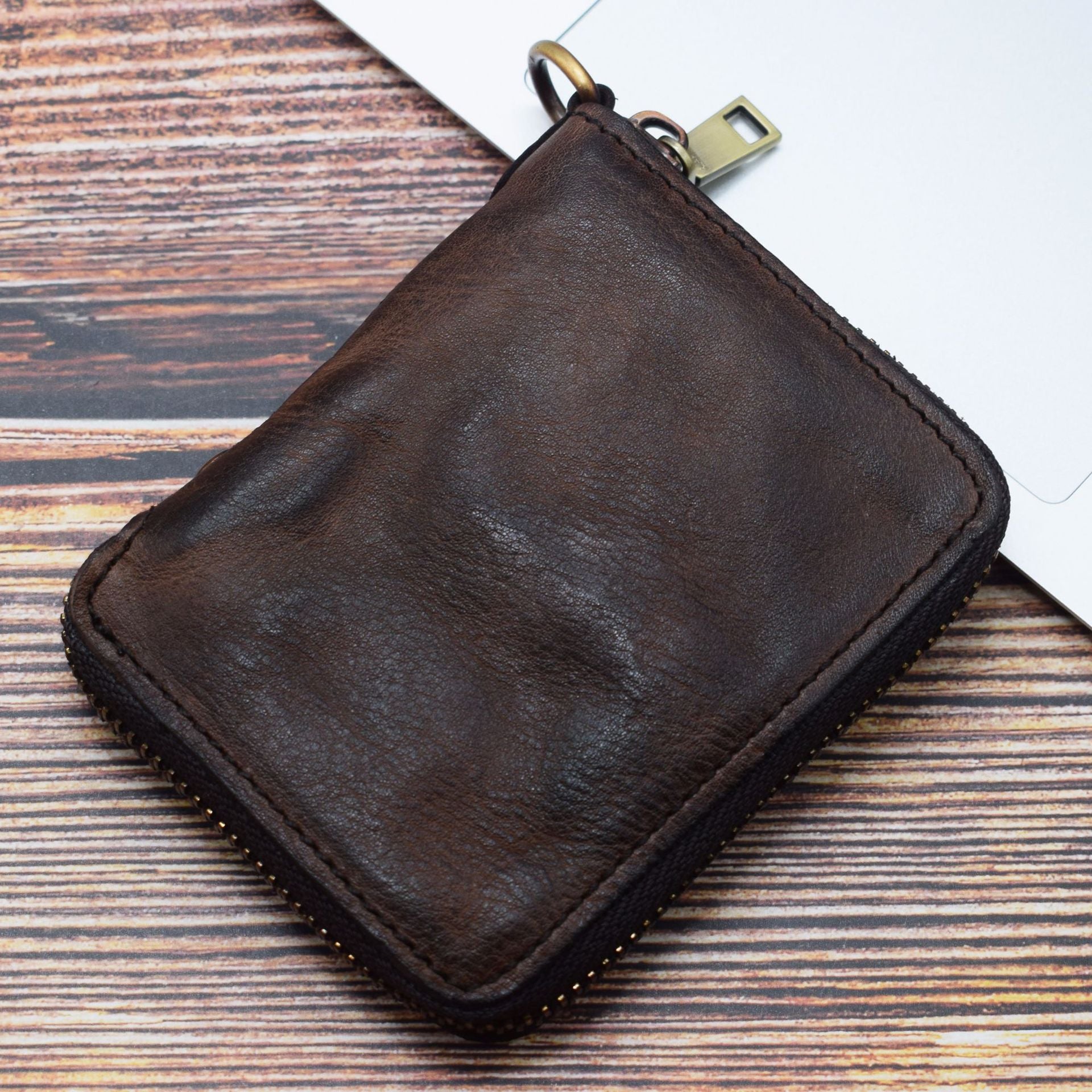 SG118 Men's Zippered Wallet Retro Genuine Leather Billfold Card Holder Bag Coin Change Storage Pouch