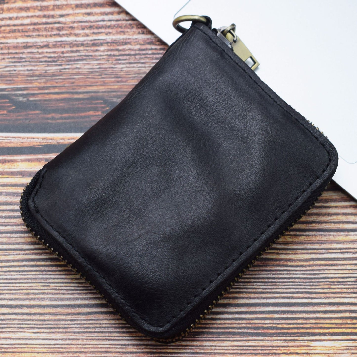 SG118 Men's Zippered Wallet Retro Genuine Leather Billfold Card Holder Bag Coin Change Storage Pouch