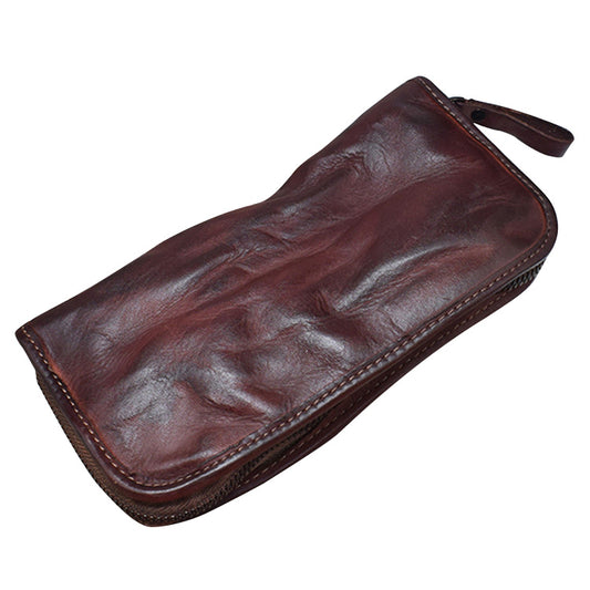 ZR001 Long Wallet Zipper Pocket Design Cellphone Purse Men Retro Wrinkled Top Layer Cowhide Leather Clutch