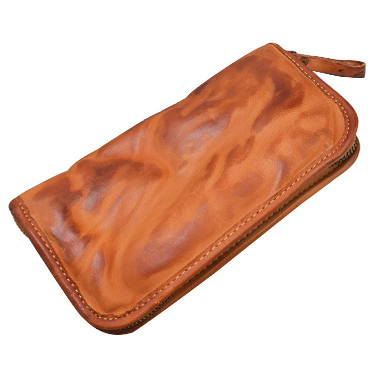 ZR001 Long Wallet Zipper Pocket Design Cellphone Purse Men Retro Wrinkled Top Layer Cowhide Leather Clutch