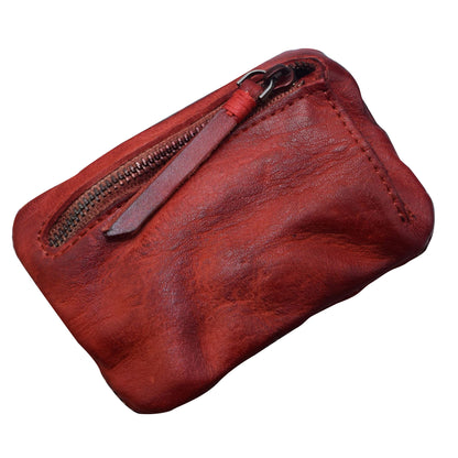 SG121 Ultra Slim Zipper Coin Purse Mini Wallet Retro Wrinkled Top Layer Cowhide Leather Card Key Holder Bag