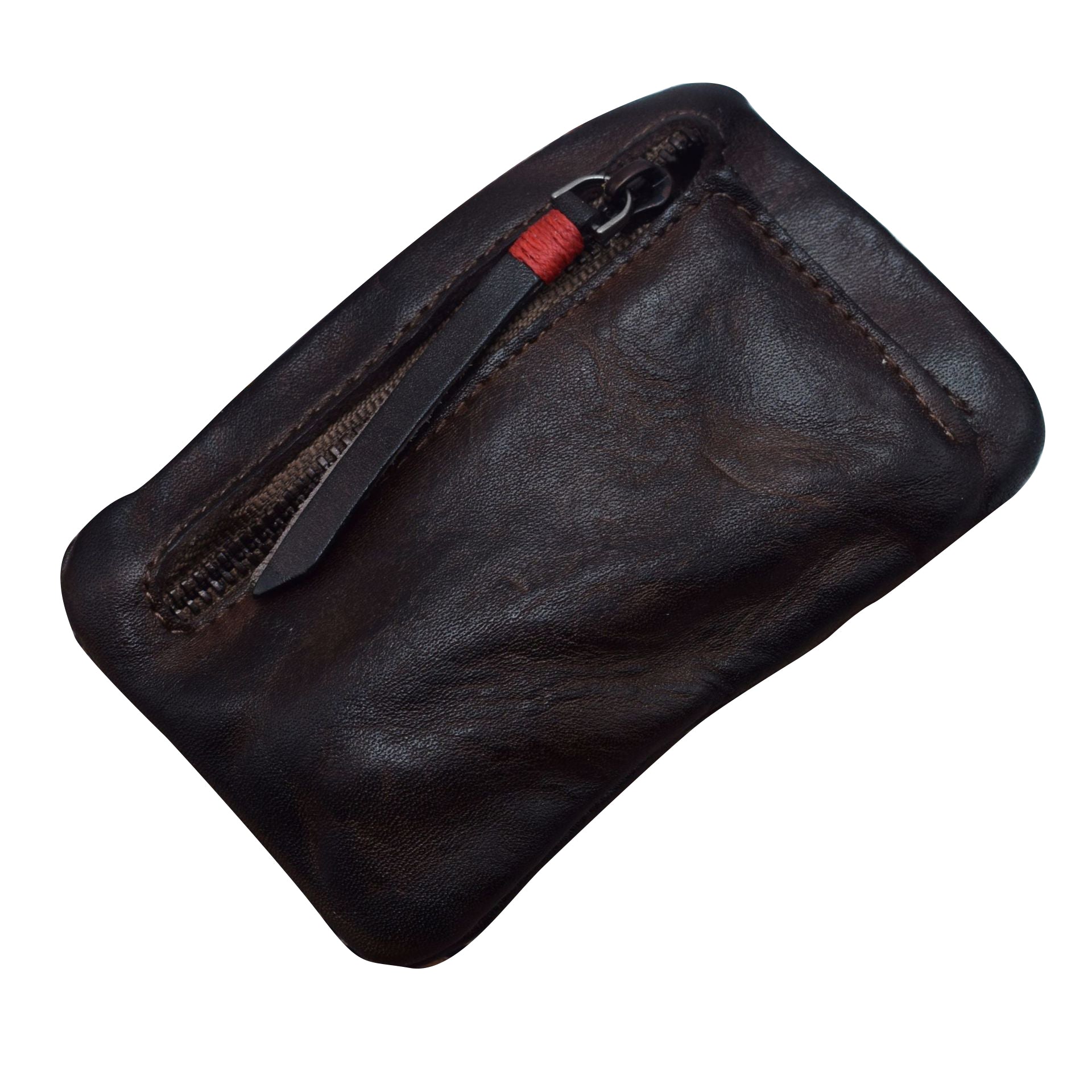 SG121 Ultra Slim Zipper Coin Purse Mini Wallet Retro Wrinkled Top Layer Cowhide Leather Card Key Holder Bag