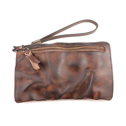 SG628 Top Layer Cowhide Leather Wrinkled Old Retro Wallet Long Coin Purse Zipper Business Casual Large Capacity Wallet with Wrist Strap