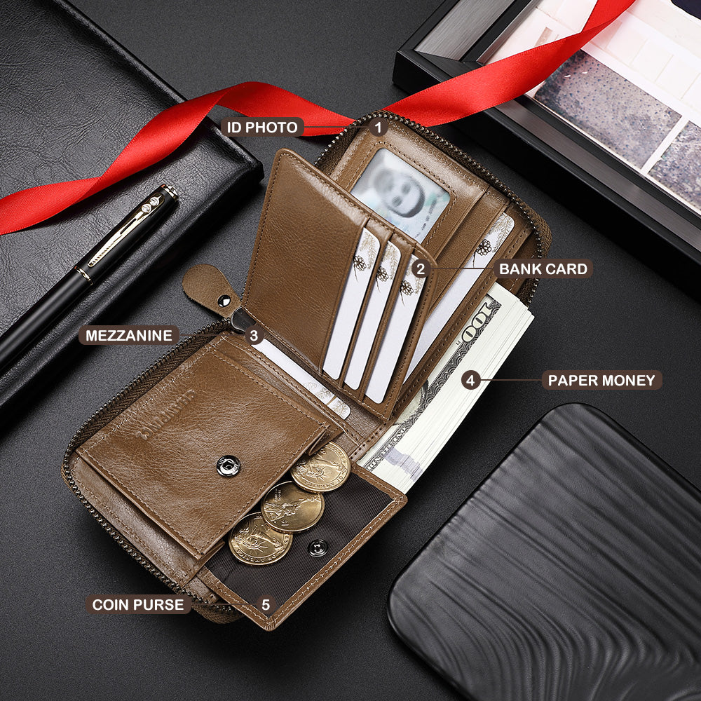 CHANPINCL CLQ375C Genuine Leather Wallet RFID Blocking Card Storage Pouch Cash Money Zipper Carrying Bag