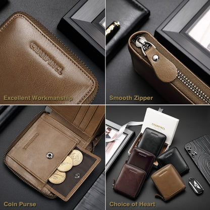 CHANPINCL CLQ375C Genuine Leather Wallet RFID Blocking Card Storage Pouch Cash Money Zipper Carrying Bag