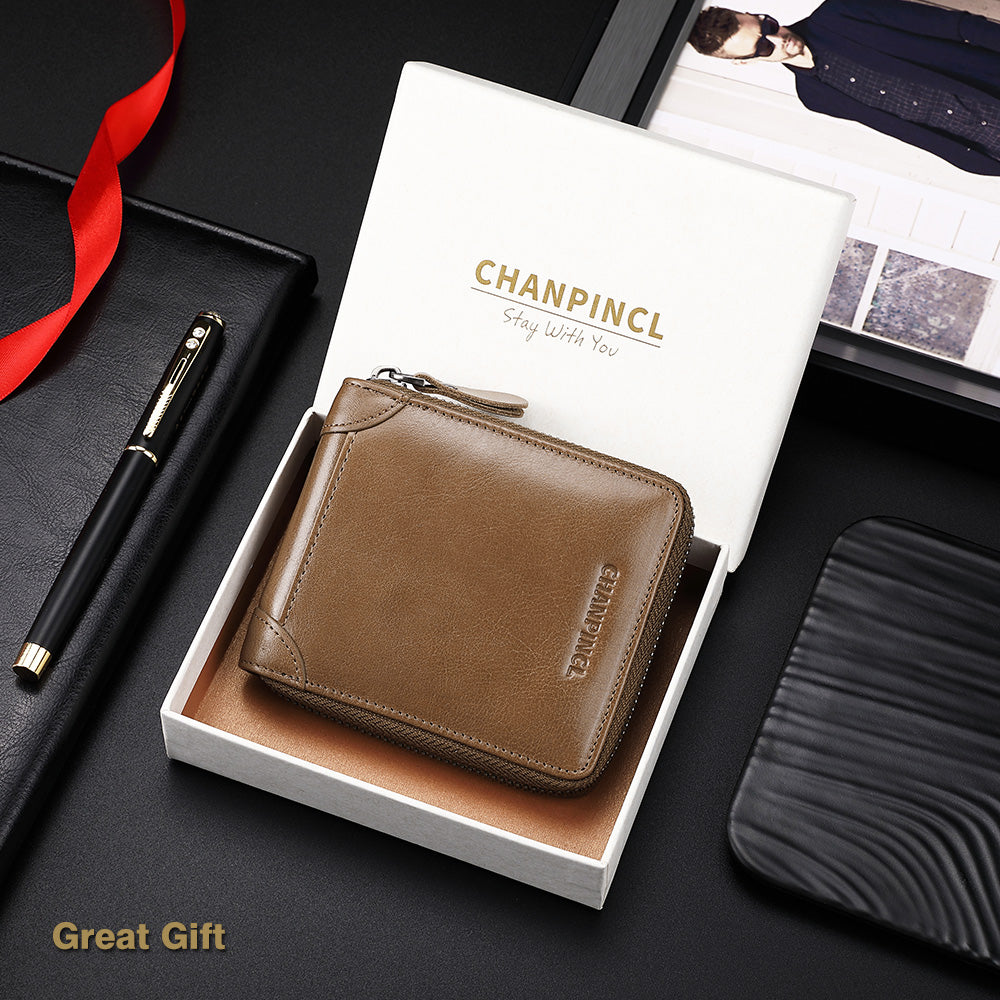 CHANPINCL CLQ375C Genuine Leather Wallet RFID Blocking Card Storage Pouch Cash Money Zipper Carrying Bag