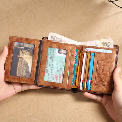 MANBANG 00877 Genuine Leather Tri-fold Wallet Classic Style RFID Blocking Card Pouch Billfold Coin Cash Money Purse