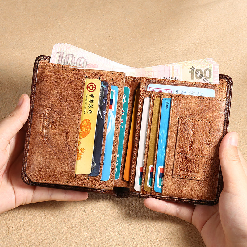 MANBANG 00877 Genuine Leather Tri-fold Wallet Classic Style RFID Blocking Card Pouch Billfold Coin Cash Money Purse