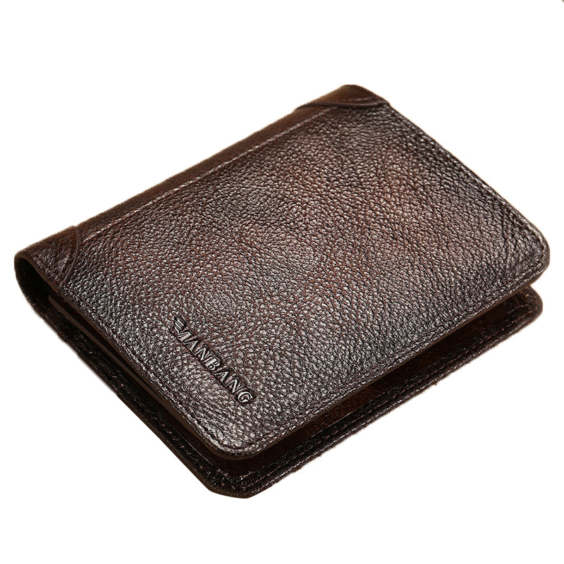 MANBANG 00877 Genuine Leather Tri-fold Wallet Classic Style RFID Blocking Card Pouch Billfold Coin Cash Money Purse