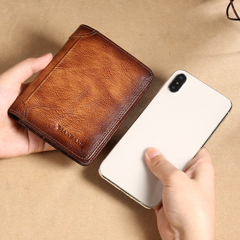 MANBANG 00877 Genuine Leather Tri-fold Wallet Classic Style RFID Blocking Card Pouch Billfold Coin Cash Money Purse