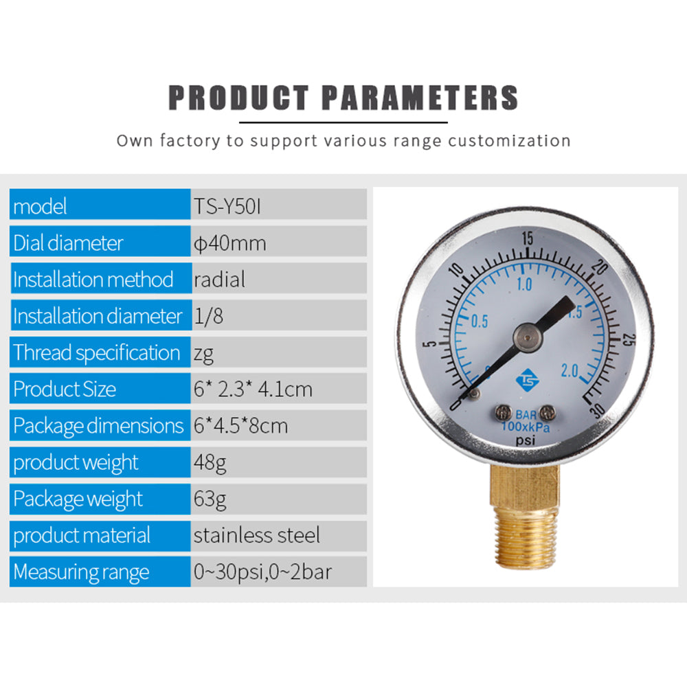 TS-Y50I 40mm Dial Gas Pressure Gauge 0-30 PSI / 0-2 Bar Range Stainless Steel Dual Scale Oil Water Pressure Gauge