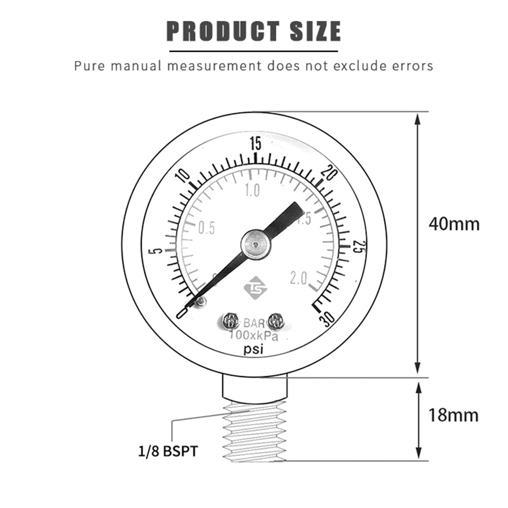 TS-Y50I 40mm Dial Gas Pressure Gauge 0-30 PSI / 0-2 Bar Range Stainless Steel Dual Scale Oil Water Pressure Gauge