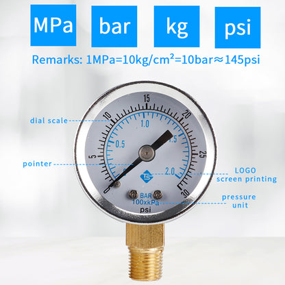 TS-Y50I 40mm Dial Gas Pressure Gauge 0-30 PSI / 0-2 Bar Range Stainless Steel Dual Scale Oil Water Pressure Gauge