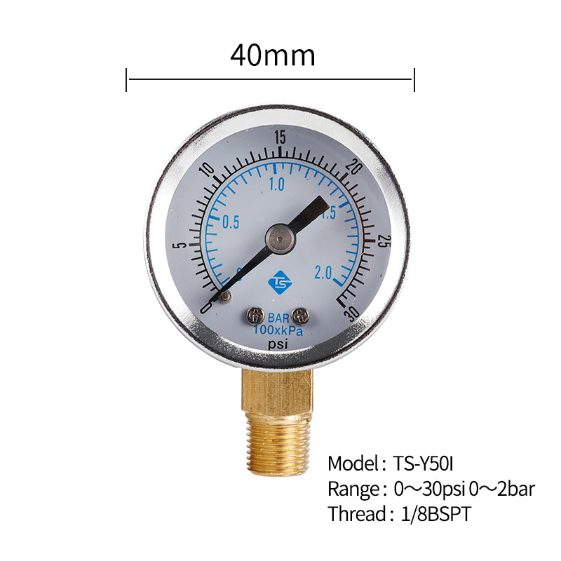 TS-Y50I 40mm Dial Gas Pressure Gauge 0-30 PSI / 0-2 Bar Range Stainless Steel Dual Scale Oil Water Pressure Gauge