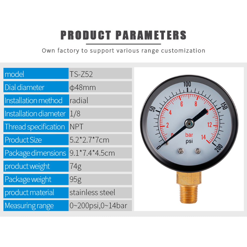TS-Z52 0-200 PSI / 0-14 Bar Range Gas Pressure Gauge Stainless Steel Dual Scale Multipurpose Oil Water Pressure Gauge