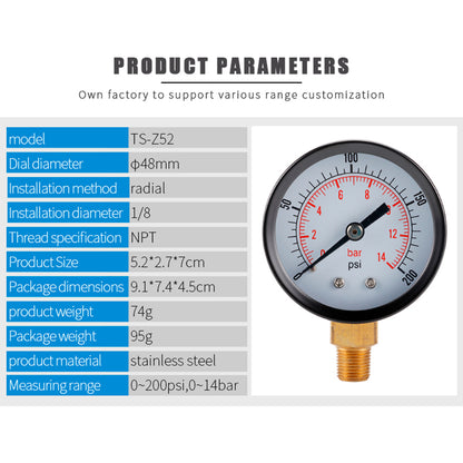 TS-Z52 0-200 PSI / 0-14 Bar Range Gas Pressure Gauge Stainless Steel Dual Scale Multipurpose Oil Water Pressure Gauge