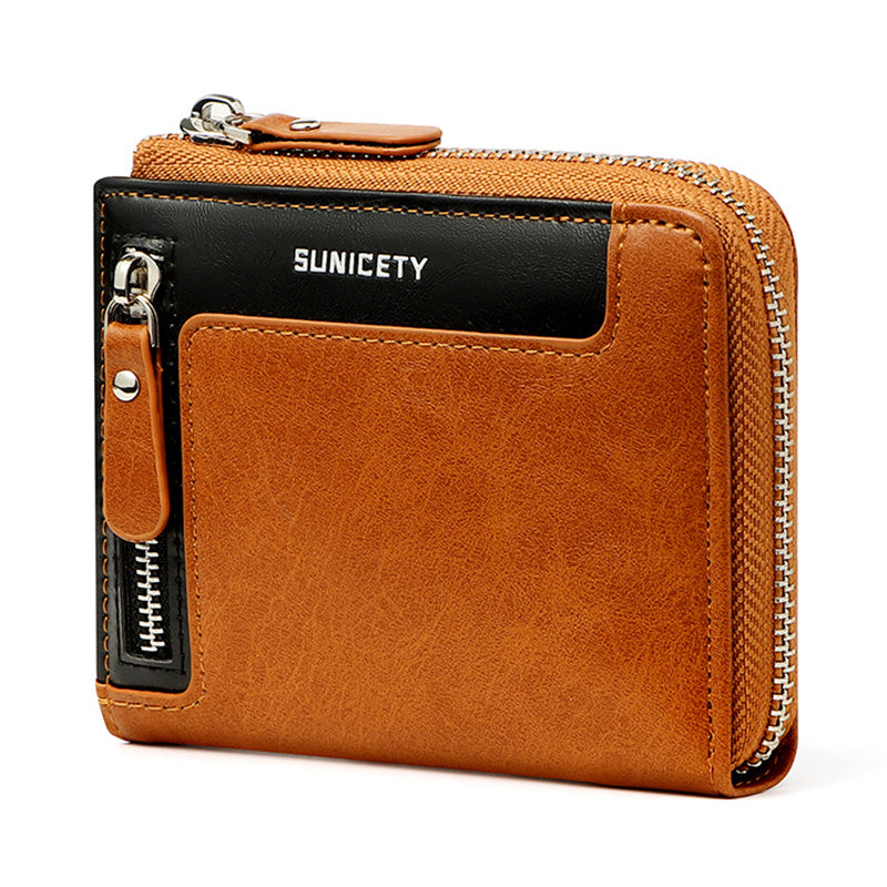 SUNICETY PU Leather Zipper Men Folding Wallet RFID Blocking Cards Cash Storage Bag