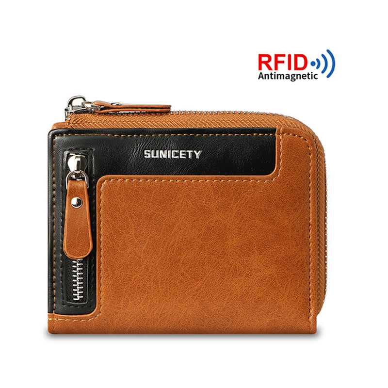 SUNICETY PU Leather Zipper Men Folding Wallet RFID Blocking Cards Cash Storage Bag