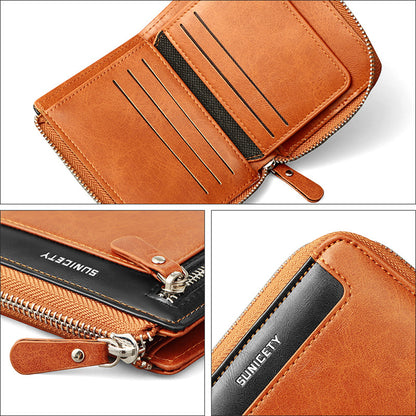 SUNICETY PU Leather Zipper Men Folding Wallet RFID Blocking Cards Cash Storage Bag