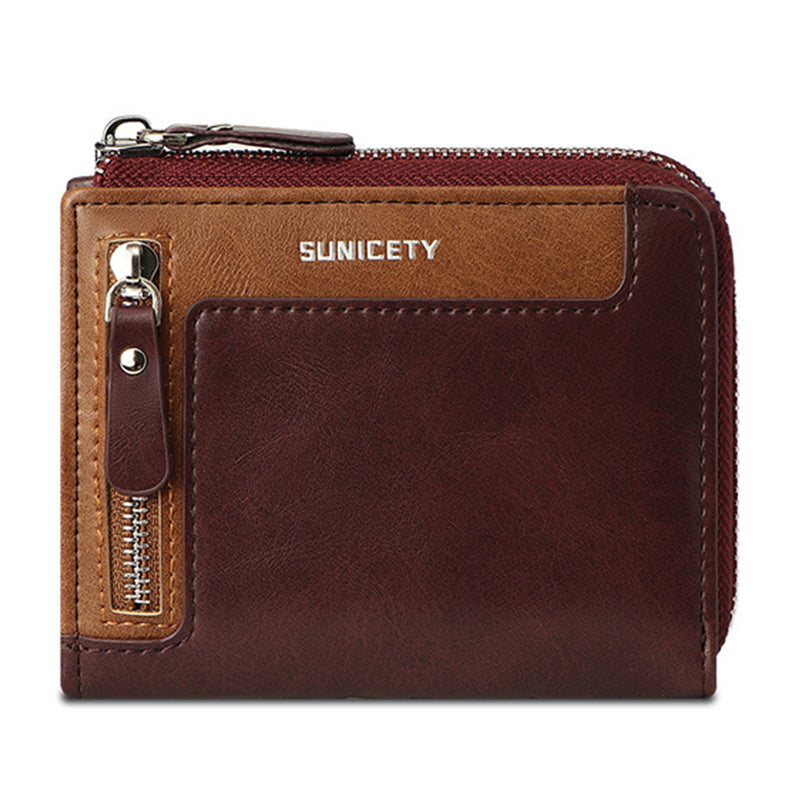 SUNICETY PU Leather Zipper Men Folding Wallet RFID Blocking Cards Cash Storage Bag