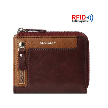 SUNICETY PU Leather Zipper Men Folding Wallet RFID Blocking Cards Cash Storage Bag