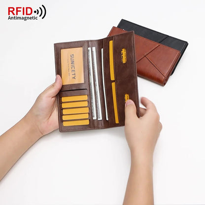 SUNICETY RFID Blocking PU Leather Ultra-thin Bi-fold Men Long Wallet Cards Cash Holder Bag