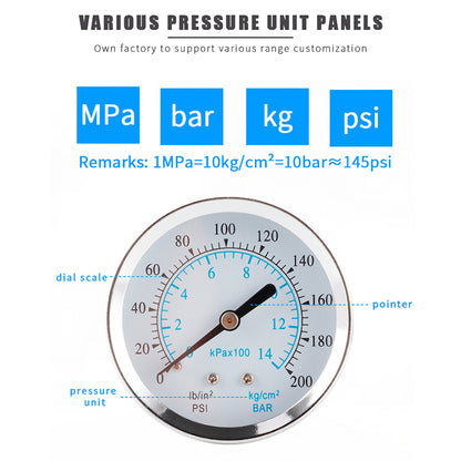 TS-Y60Z8-14kg / cm2 60mm Dial Gas Pressure Gauge Stainless Steel Dual Scale Oil Water Pressure Gauge with 1 / 8&#39;&#39; NPT Mount