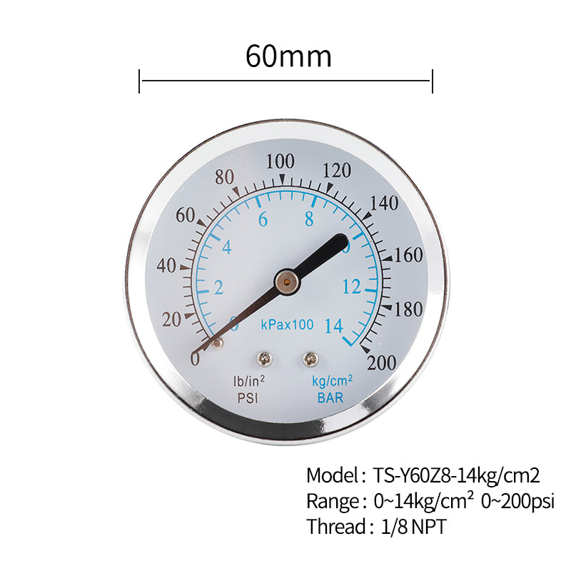 TS-Y60Z8-14kg / cm2 60mm Dial Gas Pressure Gauge Stainless Steel Dual Scale Oil Water Pressure Gauge with 1 / 8&#39;&#39; NPT Mount