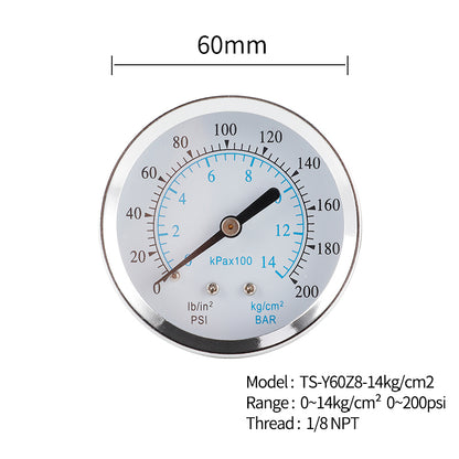 TS-Y60Z8-14kg / cm2 60mm Dial Gas Pressure Gauge Stainless Steel Dual Scale Oil Water Pressure Gauge with 1 / 8&#39;&#39; NPT Mount