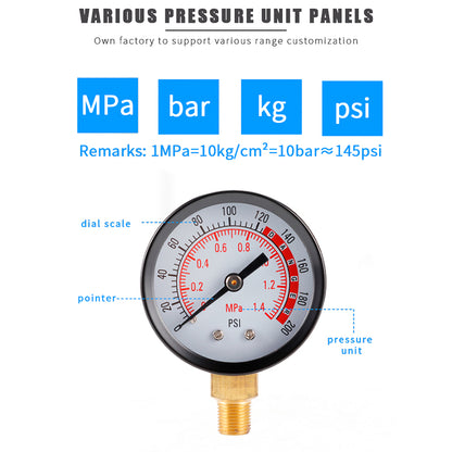 TS-Y50-1.4mpa Dial Dual Scale Water Oil Water Pressure Gauge Stainless Steel Gas Pressure Gauge with Dual Scale