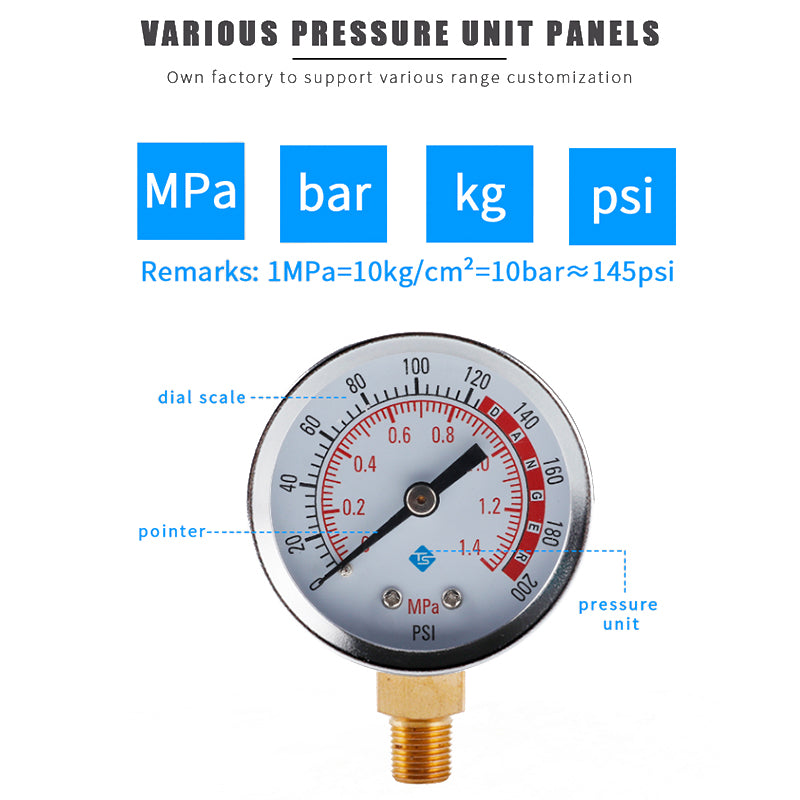 TS-Y50-1.4mpa-Y Large 50mm Dial Dual Scale Design Oil Water Pressure Gauge Stainless Steel Gas Pressure Gauge