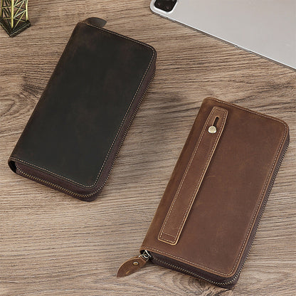 2061 Top Layer Cowhide Leather Long Wallet for Men RFID Blocking Organ Card Holder Clutch Zipper Coin Purse