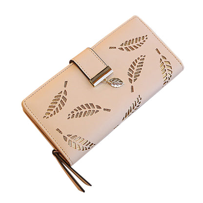 Hollow Leaves PU Leather Wallet for Women Card Holder Long Clutch Bag Zipper Coin Purse