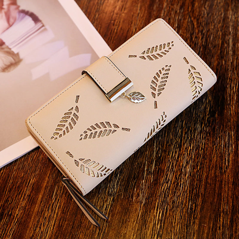 Hollow Leaves PU Leather Wallet for Women Card Holder Long Clutch Bag Zipper Coin Purse