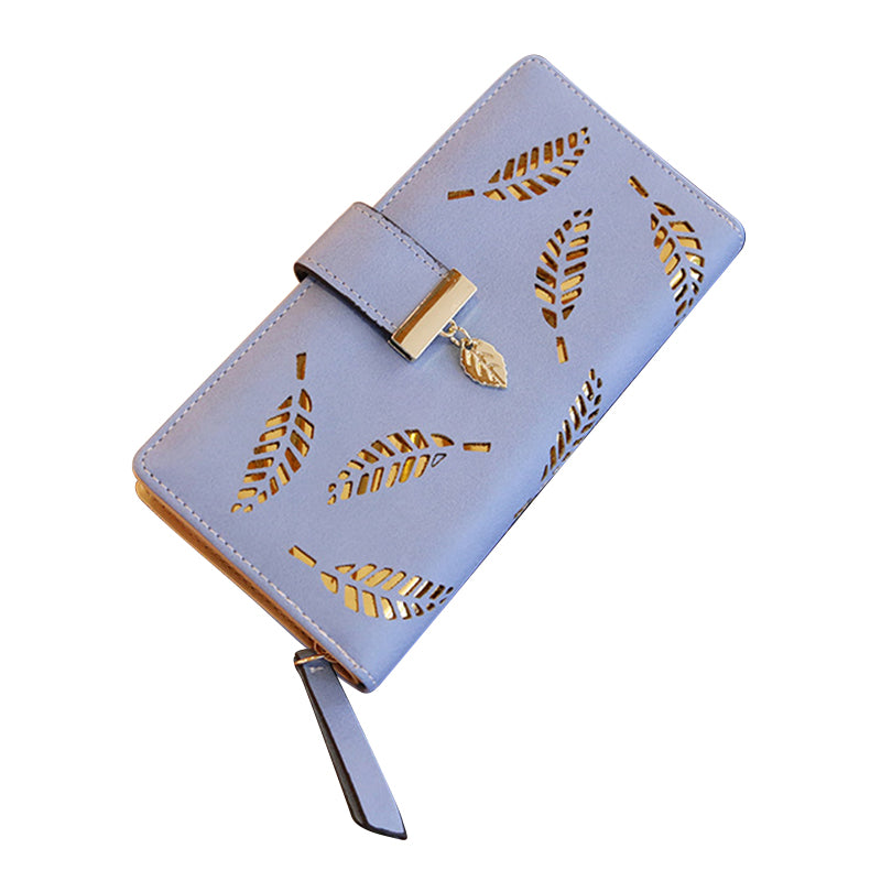 Hollow Leaves PU Leather Wallet for Women Card Holder Long Clutch Bag Zipper Coin Purse