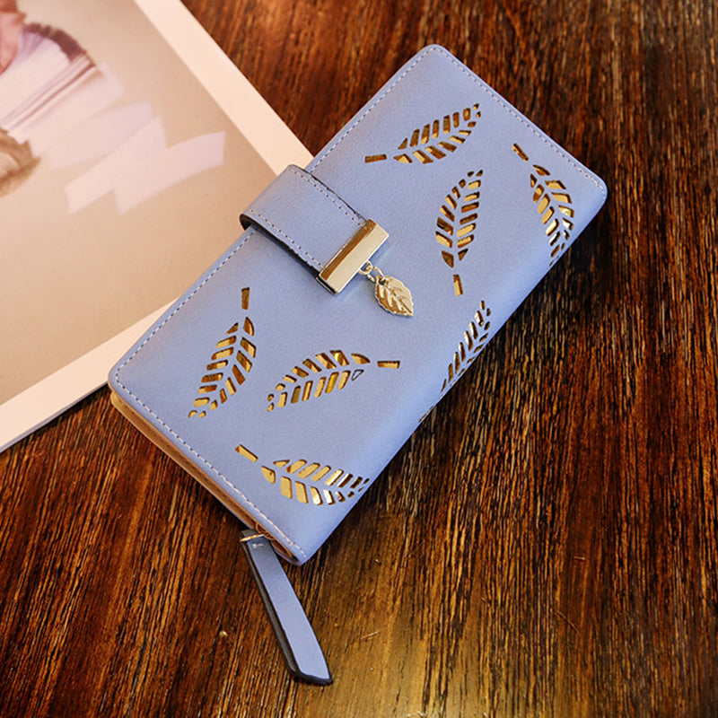 Hollow Leaves PU Leather Wallet for Women Card Holder Long Clutch Bag Zipper Coin Purse