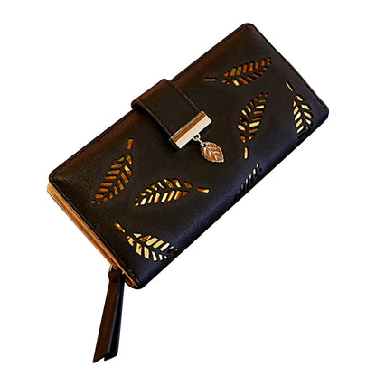 Hollow Leaves PU Leather Wallet for Women Card Holder Long Clutch Bag Zipper Coin Purse