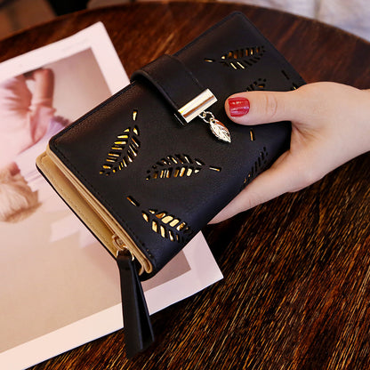 Hollow Leaves PU Leather Wallet for Women Card Holder Long Clutch Bag Zipper Coin Purse