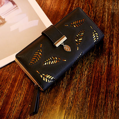 Hollow Leaves PU Leather Wallet for Women Card Holder Long Clutch Bag Zipper Coin Purse