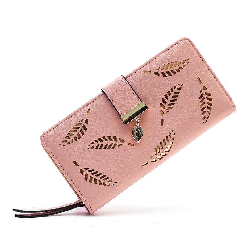 Hollow Leaves PU Leather Wallet for Women Card Holder Long Clutch Bag Zipper Coin Purse