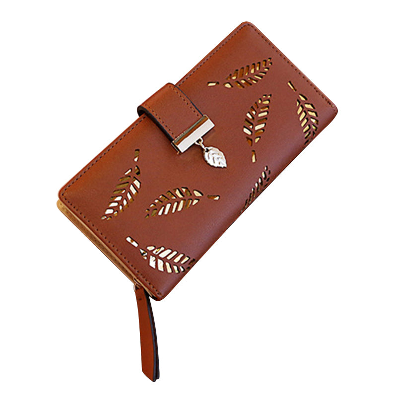 Hollow Leaves PU Leather Wallet for Women Card Holder Long Clutch Bag Zipper Coin Purse