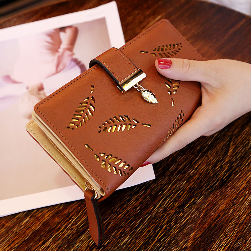 Hollow Leaves PU Leather Wallet for Women Card Holder Long Clutch Bag Zipper Coin Purse