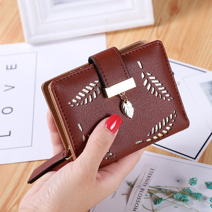 PU Leather Wallet for Women Hollow Leaves Short Clutch Bag Card Holder Zipper Coin Purse